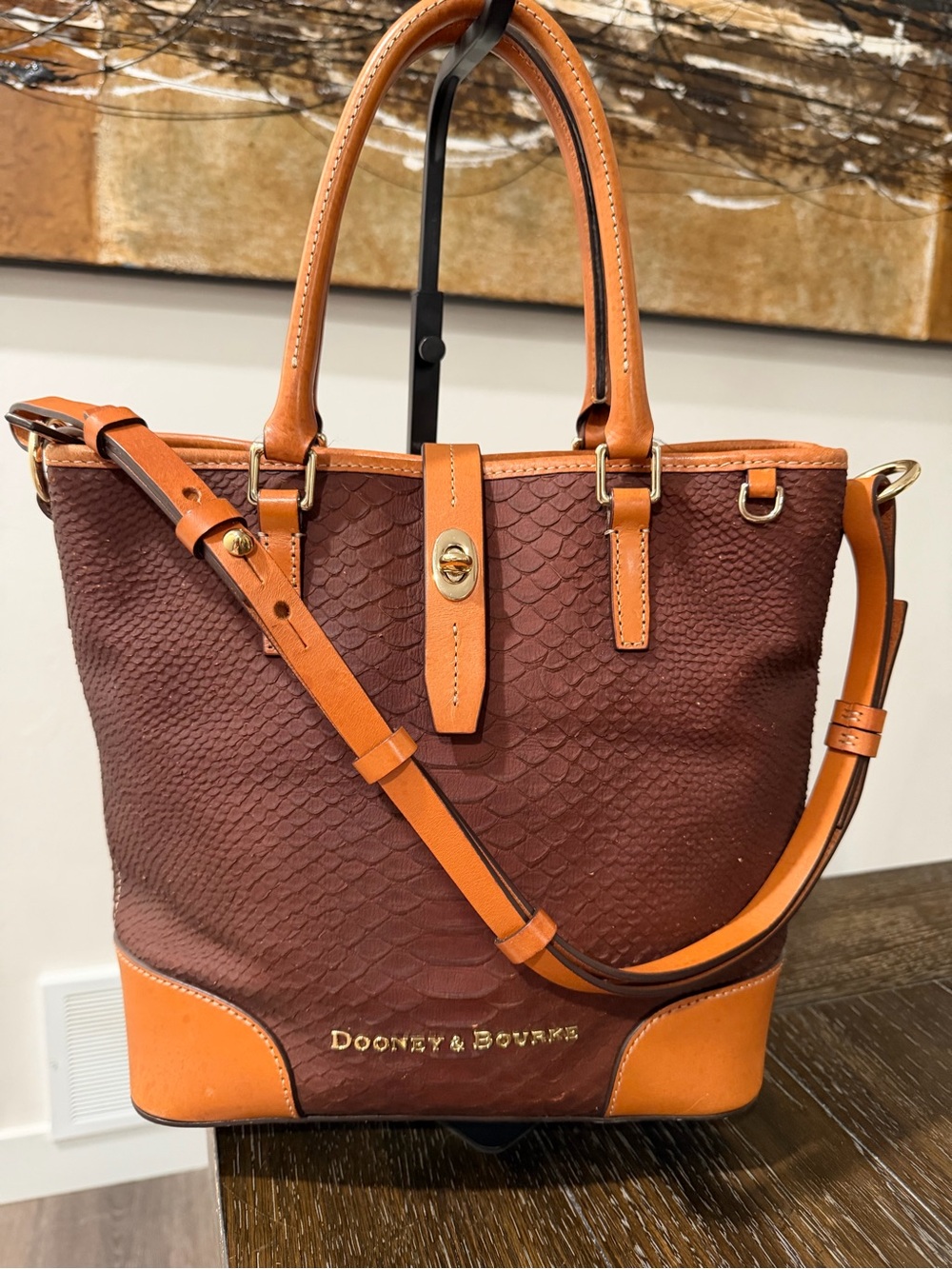 Dooney & Bourke Cranberry Brown Python Textured Tote with Vachetta Trim